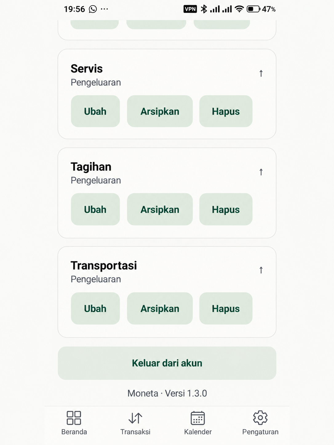 Pengelolaan kategori pengeluaran Moneta