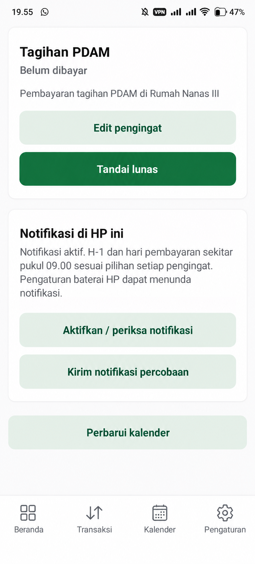 Pengingat pembayaran dan pengaturan notifikasi