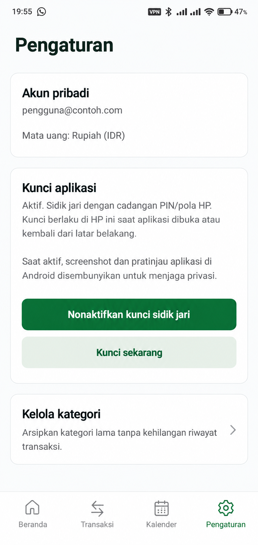 Pengaturan akun contoh dan kunci aplikasi